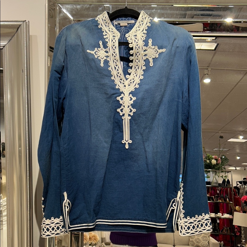 STELLA MC CARTNEY Embroidered Navy Linen Tunic with Cream Trim